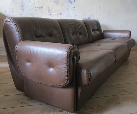 Mid-Century Three-Seater Sofa in Stitched Brown Leather, 1970s-ED-2033248