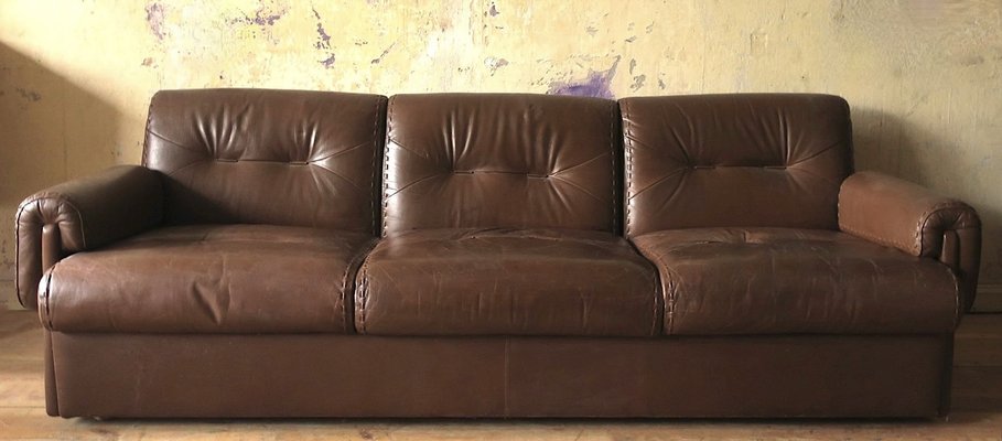 Mid-Century Three-Seater Sofa in Stitched Brown Leather, 1970s-ED-2033248