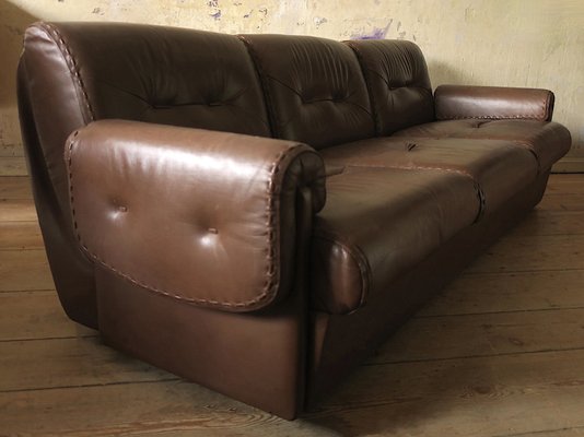 Mid-Century Three-Seater Sofa in Stitched Brown Leather, 1970s-ED-2033248