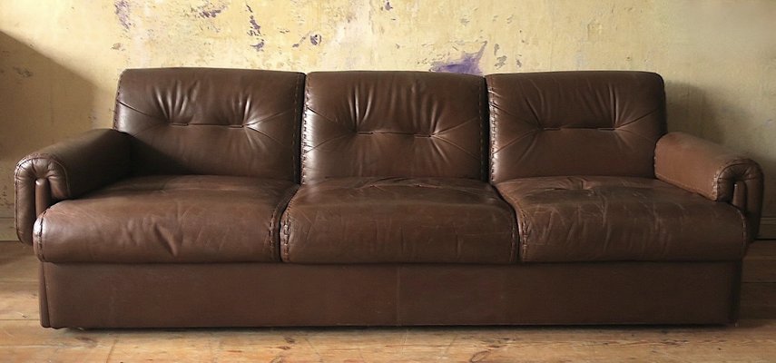 Mid-Century Three-Seater Sofa in Stitched Brown Leather, 1970s-ED-2033248