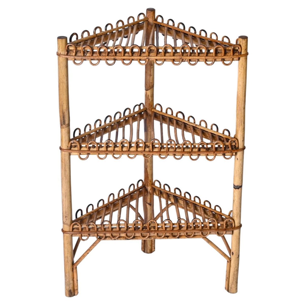 Mid-Century Triangular Bamboo and Rattan Italian Corner Bookcase by Franco Albini, 1970s