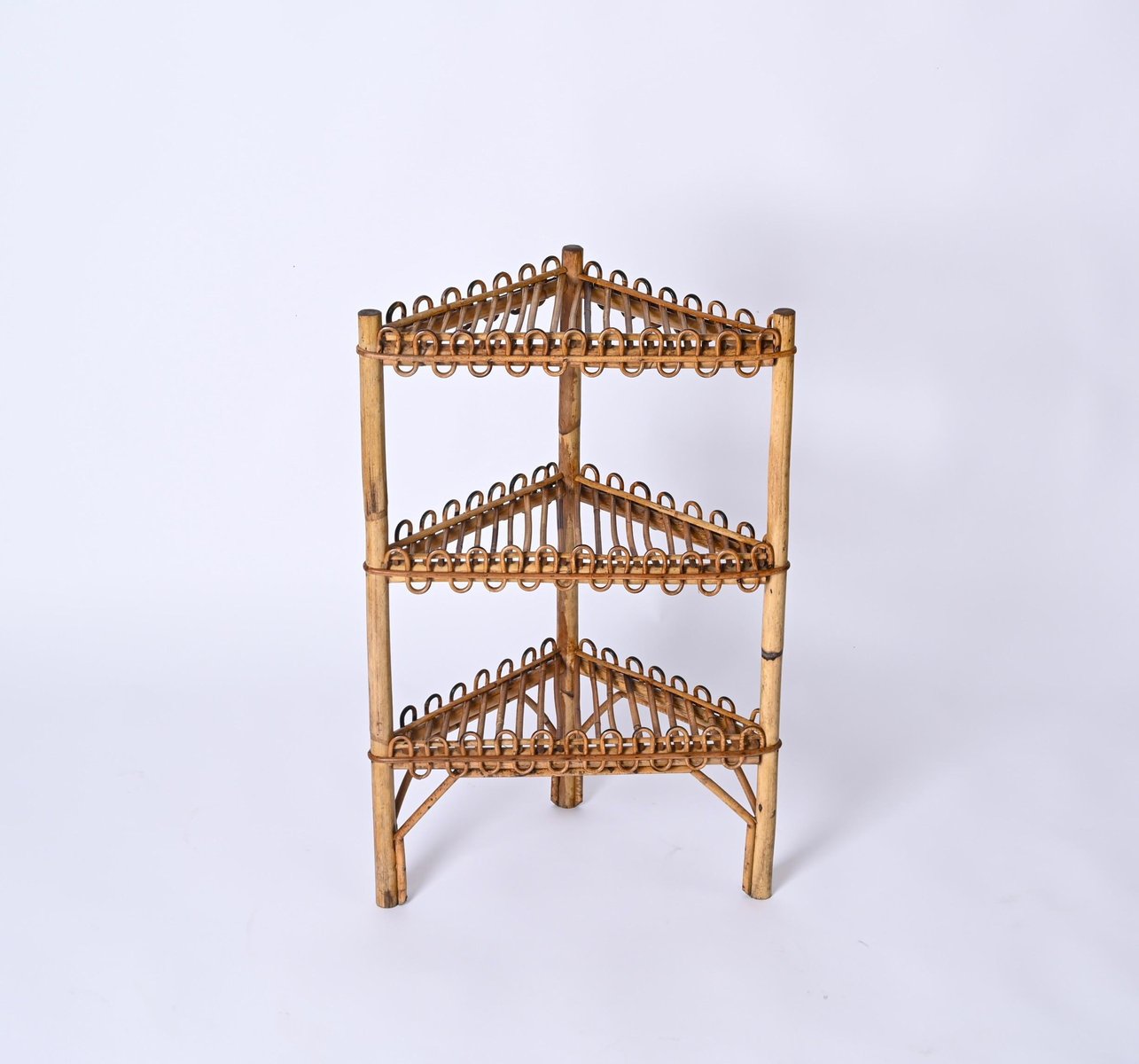 Mid-Century Triangular Bamboo and Rattan Italian Corner Bookcase by Franco Albini, 1970s