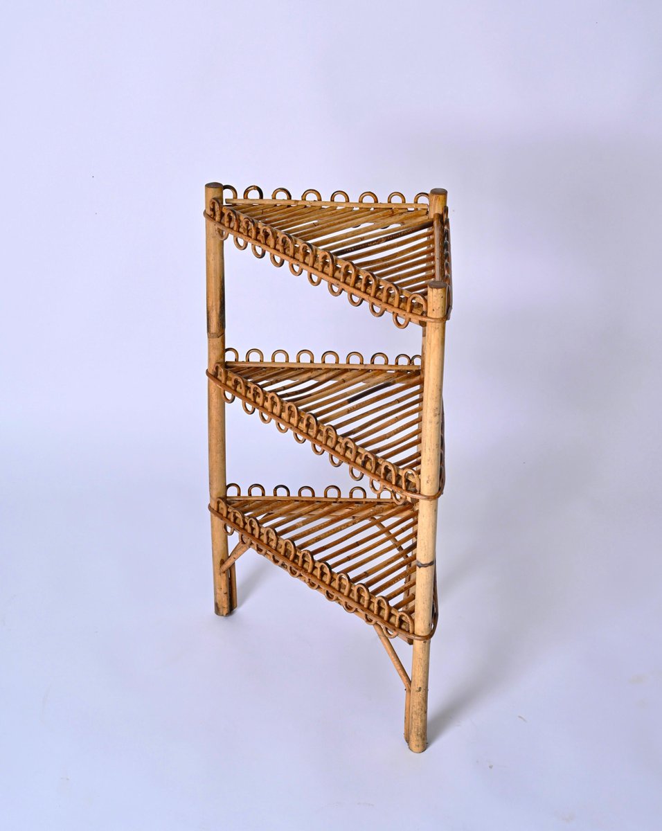 Mid-Century Triangular Bamboo and Rattan Italian Corner Bookcase by Franco Albini, 1970s