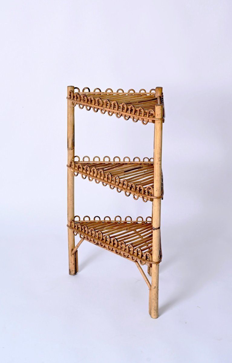 Mid-Century Triangular Bamboo and Rattan Italian Corner Bookcase by Franco Albini, 1970s