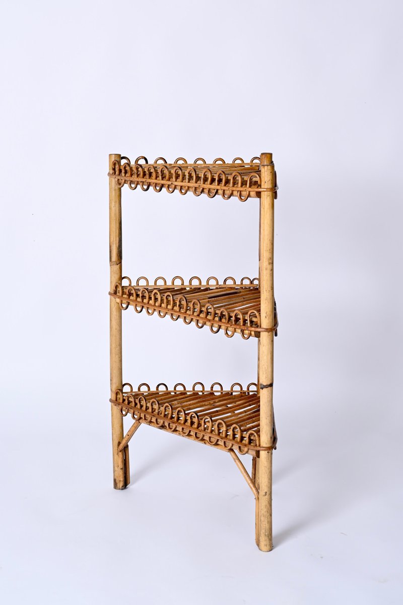 Mid-Century Triangular Bamboo and Rattan Italian Corner Bookcase by Franco Albini, 1970s