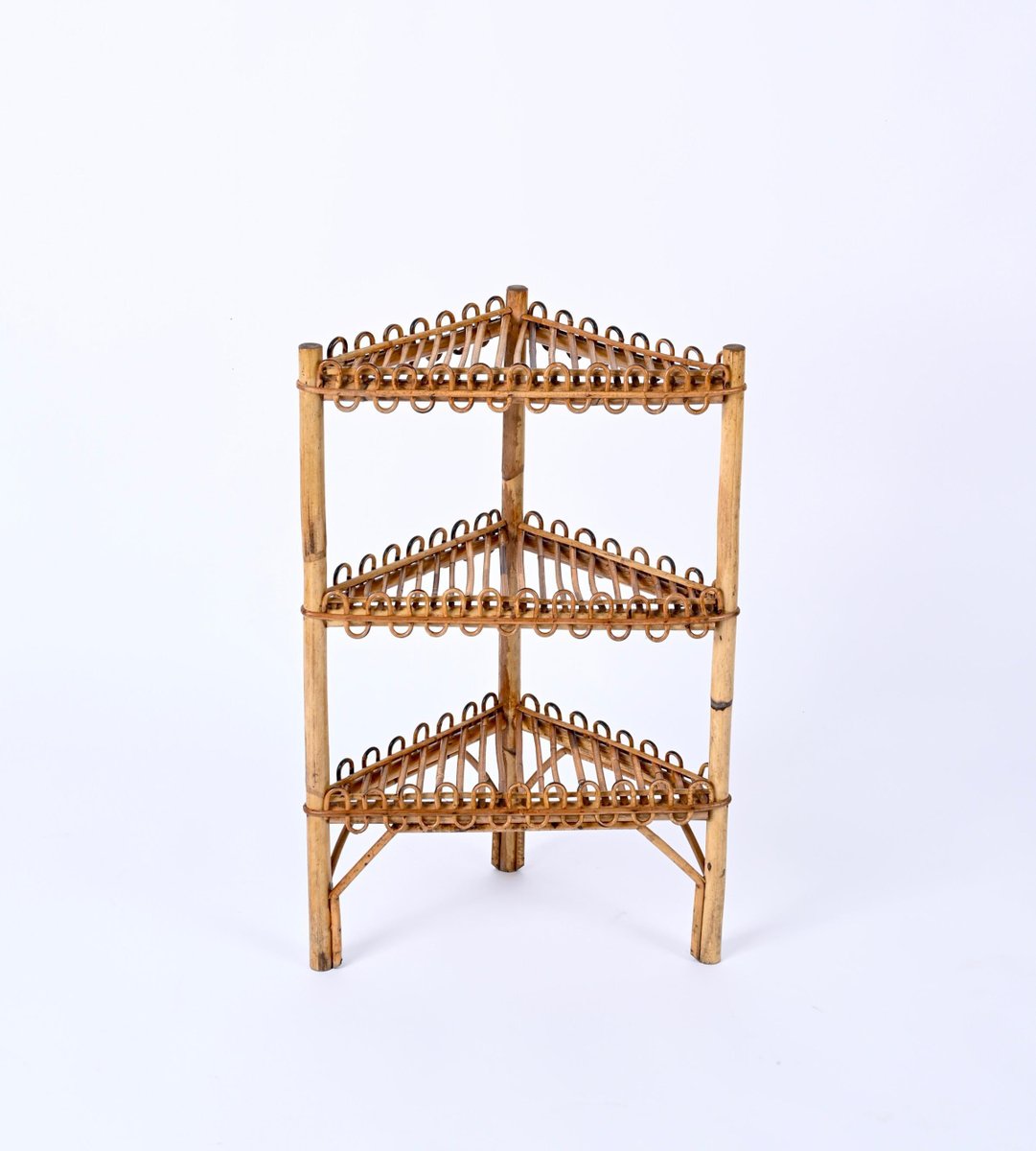 Mid-Century Triangular Bamboo and Rattan Italian Corner Bookcase by Franco Albini, 1970s