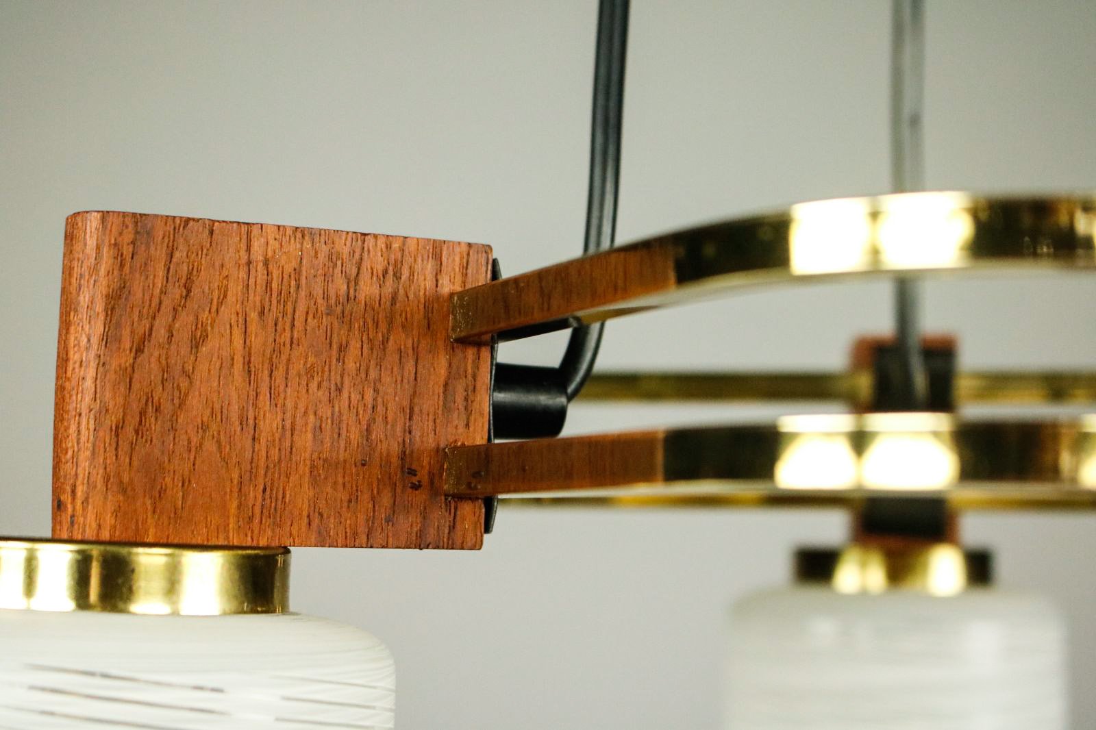 Mid-Century Triangular Teak, Brass & Glass Pendant Lamp