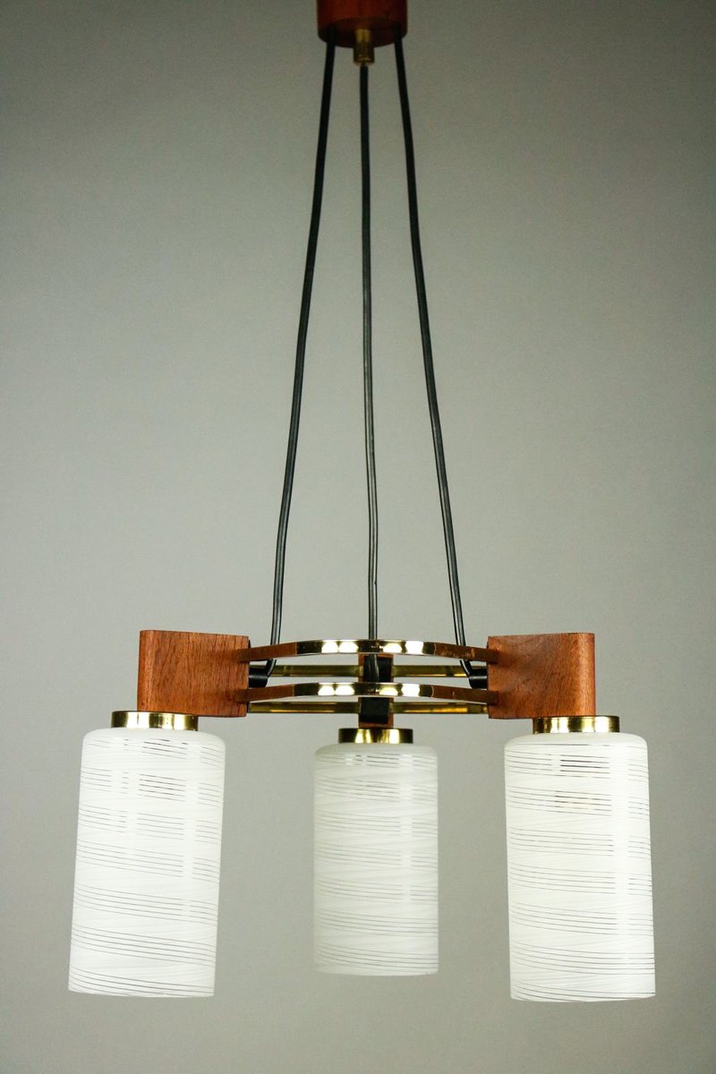 Mid-Century Triangular Teak, Brass & Glass Pendant Lamp