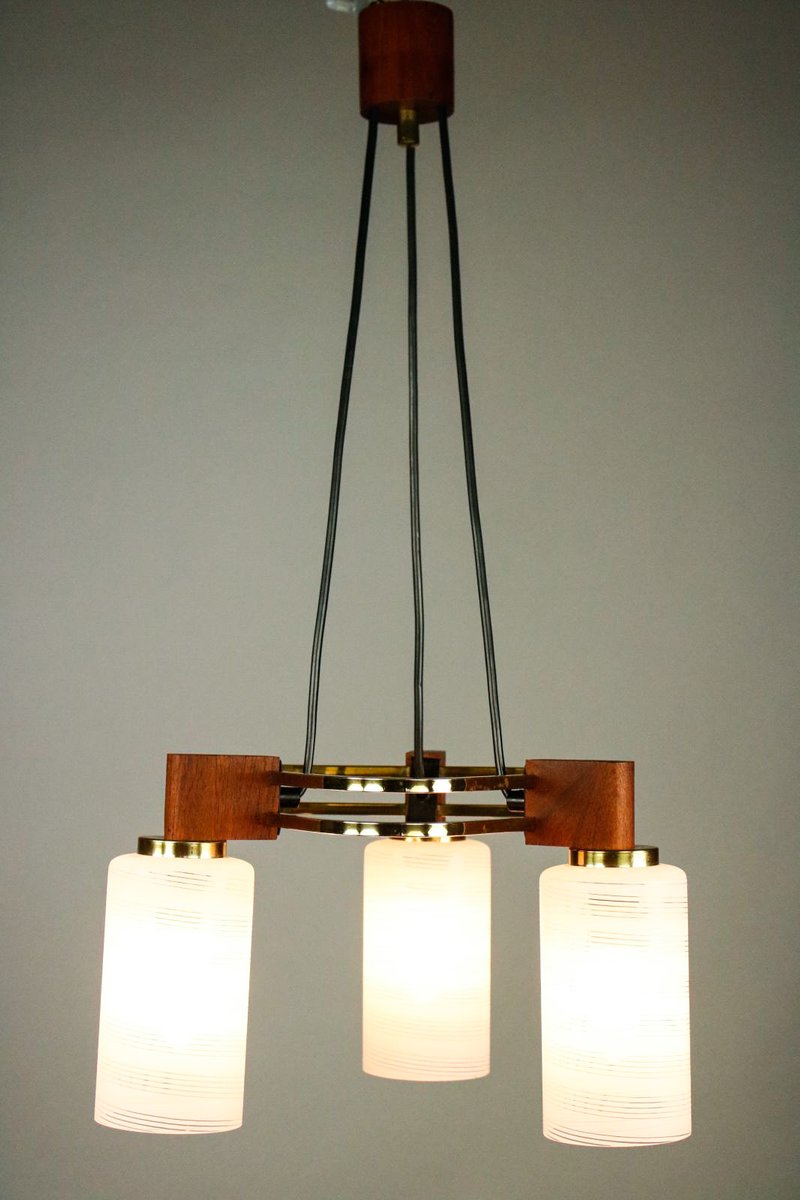 Mid-Century Triangular Teak, Brass & Glass Pendant Lamp