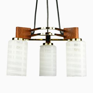 Mid-Century Triangular Teak, Brass & Glass Pendant Lamp-FUP-859982