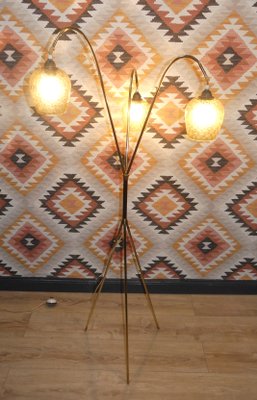 Mid-Century Tripod Floor Lamp in Brass & Glass, 1950s-AFE-1340708