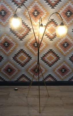 Mid-Century Tripod Floor Lamp in Brass & Glass, 1950s-AFE-1340708