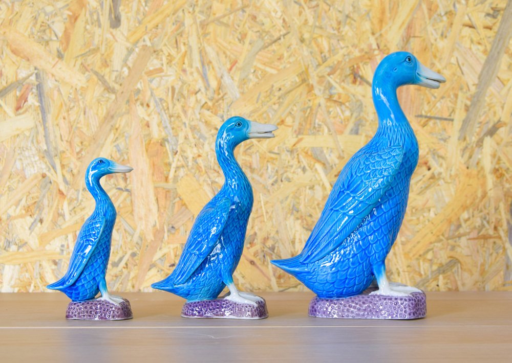 Mid-Century Turquoise Ducks in Chinese Porcelain, 1950s, Set of 3-IJF-1751968