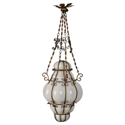 Mid-Century Venetian Brass and Mouth Blown Murano White Glass Chandelier, 1940s-JDR-1251100