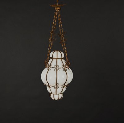 Mid-Century Venetian Brass and Mouth Blown Murano White Glass Chandelier, 1940s-JDR-1251100