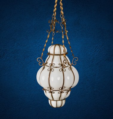 Mid-Century Venetian Brass and Mouth Blown Murano White Glass Chandelier, 1940s-JDR-1251100