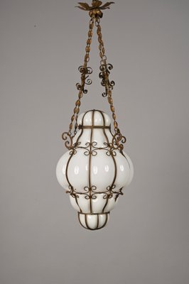 Mid-Century Venetian Brass and Mouth Blown Murano White Glass Chandelier, 1940s-JDR-1251100