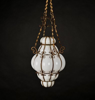 Mid-Century Venetian Brass and Mouth Blown Murano White Glass Chandelier, 1940s-JDR-1251100