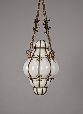 Mid-Century Venetian Brass and Mouth Blown Murano White Glass Chandelier, 1940s-JDR-1251100