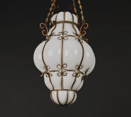 Mid-Century Venetian Brass and Mouth Blown Murano White Glass Chandelier, 1940s-JDR-1251100