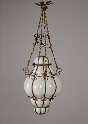 Mid-Century Venetian Brass and Mouth Blown Murano White Glass Chandelier, 1940s-JDR-1251100