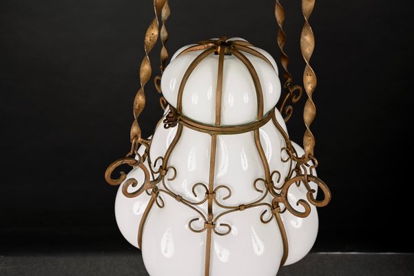 Mid-Century Venetian Brass and Mouth Blown Murano White Glass Chandelier, 1940s-JDR-1251100