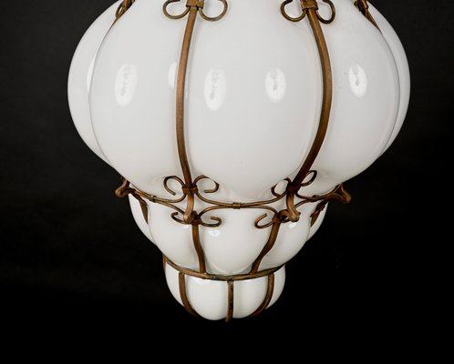 Mid-Century Venetian Brass and Mouth Blown Murano White Glass Chandelier, 1940s-JDR-1251100