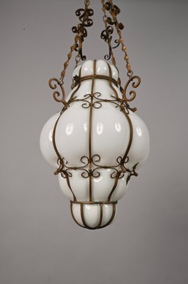 Mid-Century Venetian Brass and Mouth Blown Murano White Glass Chandelier, 1940s-JDR-1251100