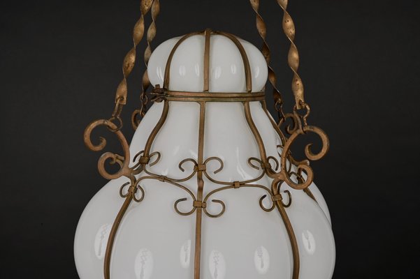 Mid-Century Venetian Brass and Mouth Blown Murano White Glass Chandelier, 1940s-JDR-1251100