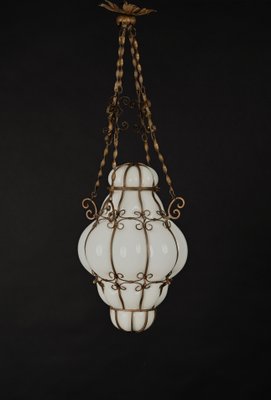 Mid-Century Venetian Brass and Mouth Blown Murano White Glass Chandelier, 1940s-JDR-1251100