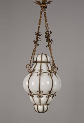 Mid-Century Venetian Brass and Mouth Blown Murano White Glass Chandelier, 1940s-JDR-1251100