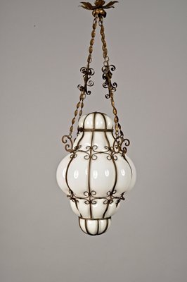 Mid-Century Venetian Brass and Mouth Blown Murano White Glass Chandelier, 1940s-JDR-1251100