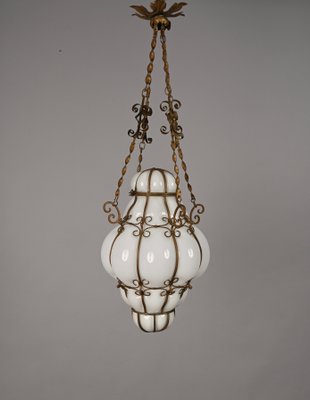 Mid-Century Venetian Brass and Mouth Blown Murano White Glass Chandelier, 1940s-JDR-1251100