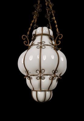 Mid-Century Venetian Brass and Mouth Blown Murano White Glass Chandelier, 1940s-JDR-1251100