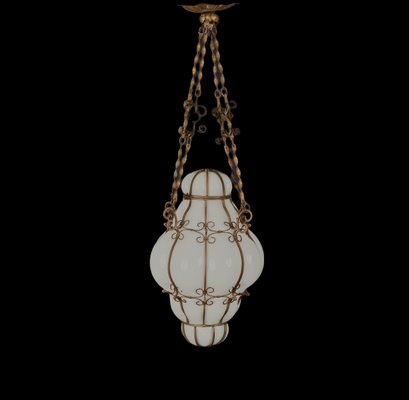 Mid-Century Venetian Brass and Mouth Blown Murano White Glass Chandelier, 1940s-JDR-1251100