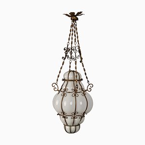 Mid-Century Venetian Brass and Mouth Blown Murano White Glass Chandelier, 1940s-JDR-1251100