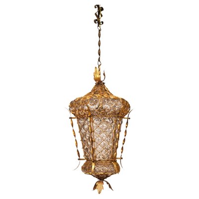 Mid-Century Venetian Mouth-Blown Glass Lantern in Gold Painted Metal Frame, 1940s-JDR-1288507