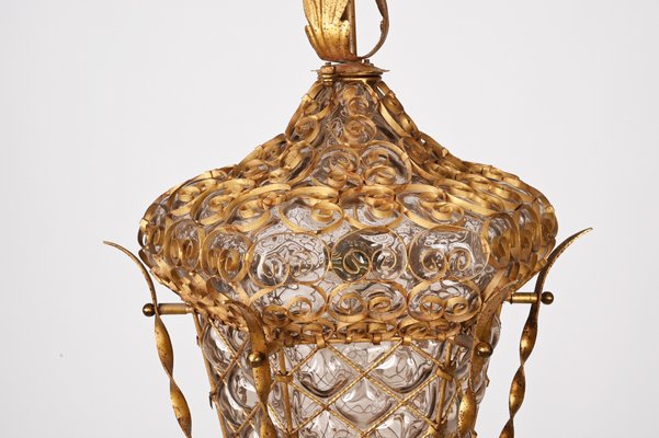 Mid-Century Venetian Mouth-Blown Glass Lantern in Gold Painted Metal Frame, 1940s-JDR-1288507