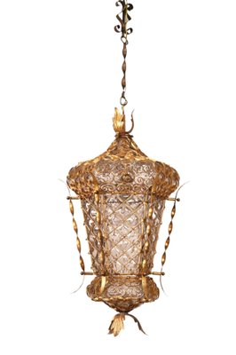 Mid-Century Venetian Mouth-Blown Glass Lantern in Gold Painted Metal Frame, 1940s-JDR-1288507