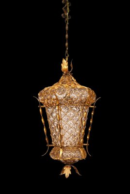 Mid-Century Venetian Mouth-Blown Glass Lantern in Gold Painted Metal Frame, 1940s-JDR-1288507