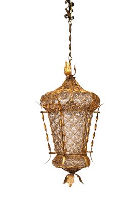 Mid-Century Venetian Mouth-Blown Glass Lantern in Gold Painted Metal Frame, 1940s-JDR-1288507