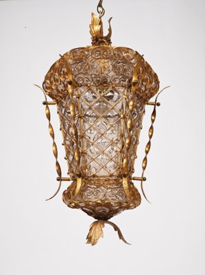 Mid-Century Venetian Mouth-Blown Glass Lantern in Gold Painted Metal Frame, 1940s-JDR-1288507