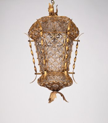 Mid-Century Venetian Mouth-Blown Glass Lantern in Gold Painted Metal Frame, 1940s-JDR-1288507