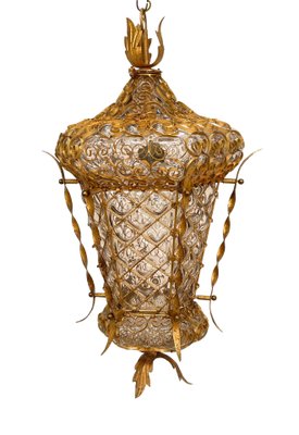 Mid-Century Venetian Mouth-Blown Glass Lantern in Gold Painted Metal Frame, 1940s-JDR-1288507