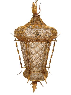 Mid-Century Venetian Mouth-Blown Glass Lantern in Gold Painted Metal Frame, 1940s-JDR-1288507