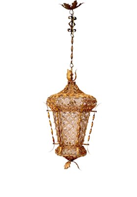 Mid-Century Venetian Mouth-Blown Glass Lantern in Gold Painted Metal Frame, 1940s-JDR-1288507