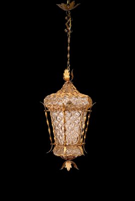 Mid-Century Venetian Mouth-Blown Glass Lantern in Gold Painted Metal Frame, 1940s-JDR-1288507