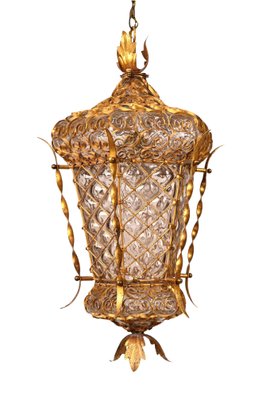 Mid-Century Venetian Mouth-Blown Glass Lantern in Gold Painted Metal Frame, 1940s-JDR-1288507