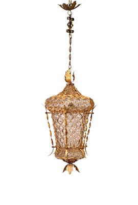 Mid-Century Venetian Mouth-Blown Glass Lantern in Gold Painted Metal Frame, 1940s-JDR-1288507