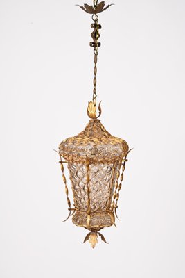 Mid-Century Venetian Mouth-Blown Glass Lantern in Gold Painted Metal Frame, 1940s-JDR-1288507